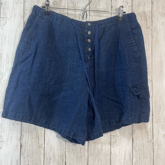 EDDIE BAUER Womens Blue Button Fly Cargo Linen Drawstring Shorts 16 - Picture 1 of 6